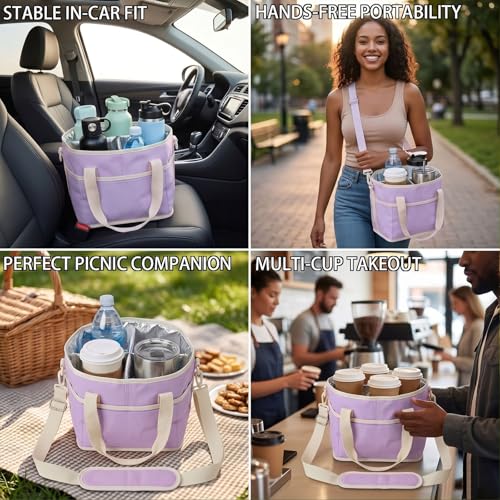 Drink Carrier Tote Bag, Family Size 4 Compartment Drink Carrier - color: Light Purple