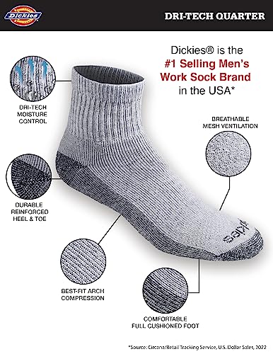 Dickies Men's Dri-Tech Moisture Control Quarter Socks, Available in M-XXL (6, 12, 18 Pairs) - color: Grey (6 Pairs), size: Large