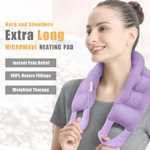 UNCN Long Heating Pad for Neck and Shoulders Back 33 x 5.9inches Microwavable Large Moist Heat Pack Warm Hot Compress Neck Wrap Weighted Bag Massage Reusable Herbal Nature Calming Portable - color: Lavender