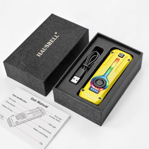 HAUSBELL Flat EDC Flashlight 1800LM Turbo, 0.6" Ultra-Slim Pocket Light with Stepless Dimming Dial, Magnetic Base, 365nm UV & Red Laser, Side-COB Flood, USB-C Fast Charge, IP44 Weatherproof - color: Yellow