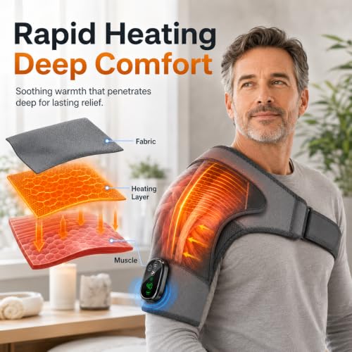 Cordless Heated Shoulder Wrap with Quiet Vibration Massage, Shoulder Heating Pad for Stiff Muscles & Everyday Comfort, Adjustable Left & Right Shoulder Brace for Men Women, Gray
