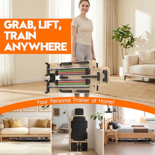 Pilates Board Reformer for Home Workout, Pilates Equipment with Dual & Split Foot Pads, Smooth Sliding Rail System, Adjustable Headrest for Heights 3'7"–6'3", Core & Full-Body Training