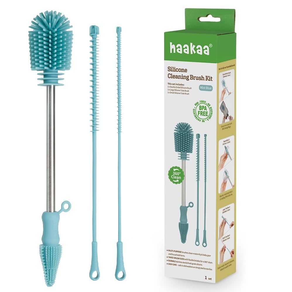 Haakaa Food-Grade Silicone Cleaning Brush Kit 3-Piece (Kit-Mist Blue) - color: Kit-mist Blue