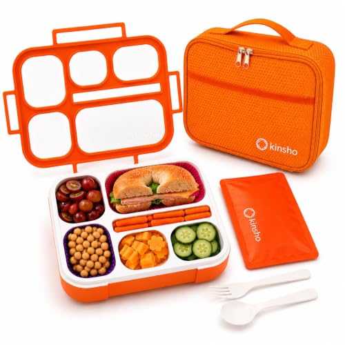 kinsho Bento Lunch Box, Ice Pack Insulated Bag for Kids Boys Teens, Orange - color: Orange