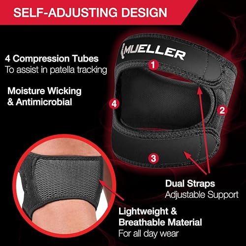 MUELLER Sports Medicine Adjustable Max Knee Single Strap for Men and Women, Compression & Pain Relief Support for Osgood-Schlatter's, Runner's Knee, Patellar Tendinitis, Black - size: Small/Medium