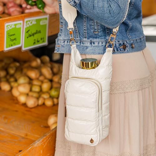 WanderFull Original HydroBag Crossbody Water Bottle Holder with Phone Pocket, Fits Water Bottles up to 32 oz - color: Ivory Lacquer - Patterned Strap