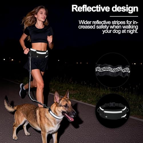 Hands Free Dog Leash with Partitioned Pouch Adjustable Waist Belt, Waist Leash for Dog Walking Running, Dual Handles, for Medium/Large Dogs - color: Black