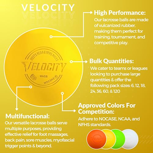 Velocity Lacrosse Balls - 1, 2, 3, 6, 12, 18, 24, 36, 60 and 120 Packs - for Practice, Official NFHS and College Approved Size - color: Yellow, size: 120 Balls, style: Practice Ball