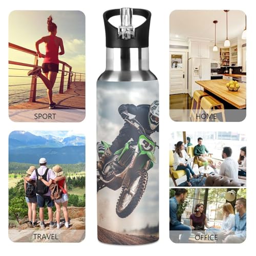 OTVEE Motocross Rider Water Bottle Sports Water Bottle Insulated Stainless Steel Hot Cold Water Mug with Straw Lid & Handle for Sports Gym 20 oz - color: Motocross Rider