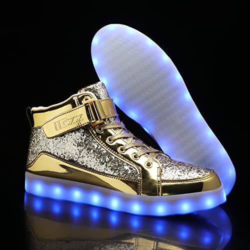 IGxx LED Light Up Shoes for Men Women Sparkly Sneakers High Top - color: Glitter Gold, size: 5 Women/5.5 Men