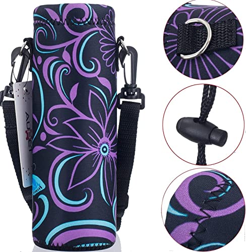 AUPET Water Bottle Sling Bag Carrier Crossbody Sleeve,Insulated Neoprene Bottle Case Holder Pouch Cover 500ML/17oz with Shoulder Strap for Walking Women Men - color: Purple Flower