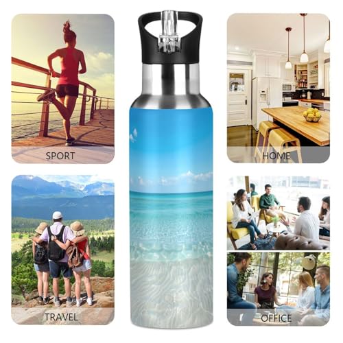 OTVEE Blue Ocean Water Bottle Sports Water Bottle Insulated Stainless Steel Hot Cold Water Mug with Straw Lid & Handle for Sports Gym 20 oz - color: Blue Ocean