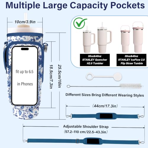 Water Bottle Carrier Bag for Stanley Cup 40/30oz, Neoprene Water Bottle Holder Pouch with 3 Pocket Adjustable Shoulder & Hand Strap - color: Blue Chinoiserie Floral