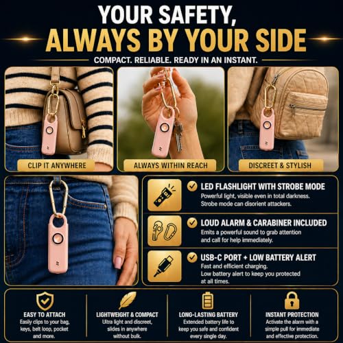 VOLTEK Personal Safety Alarm + Whistle Set for Women - Extra Loud (135 dB), LED Strobe Light, USB-C Rechargeable, Alert for Doors, Windows - Compact & Lightweight - Carabiner Included (Pink) - color: Pink