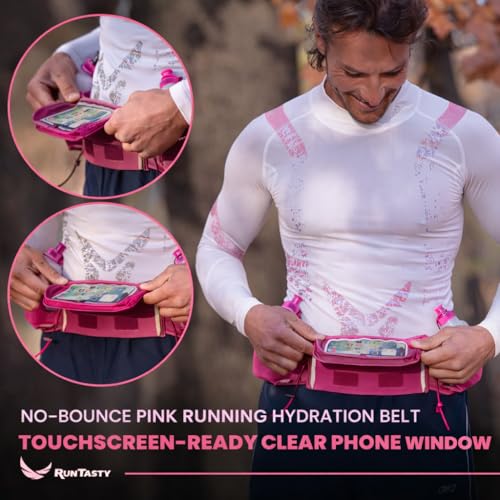 No.1 Hydration Belt by Runtasty - Premium Running Fuel Belt w/2 BPA-Free 10 oz Water Bottles, Tilt-Up Pocket w/Touchscreen-Ready Cover - Fits All iPhones, Runners Ebook & No-Bounce Design - color: Hot Pink