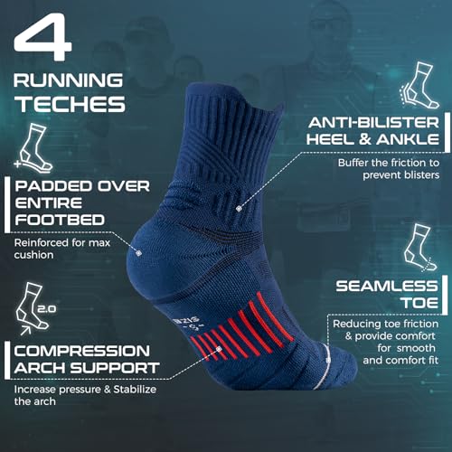 Rahhint CoolMax Quarter Compression Running Socks for Men Women, Wicking Cushion Athletic Hiking Socks 3 Pairs - color: Dark Blue, size: 9-13