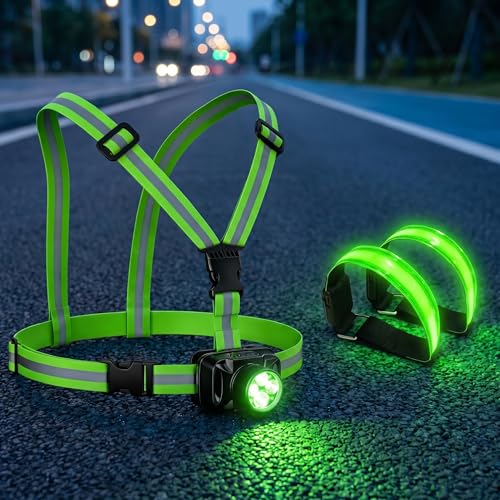 LED Reflective Running Vest, 2-Piece Rechargeable LED Armband Set, IPX4 Waterproof 90° Adjustable Running Lights for Walking Cycling, 4-25H Runtime
