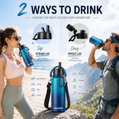 KXIAOCHEN Insulated Water Bottle with Strap, 48-Hour Cold, 2 Lids - color: Dark-Night, size: 32 Ounces