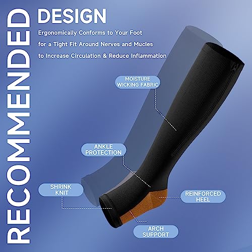 bropite Zipper Compression Socks Women & Men - 2Pairs Calf Knee High 15-20mmHg Open Toe Compression Stocking suit for Walking - color: Black/Beige Copper Open Toe, size: Xx-large