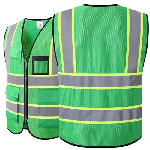 Reflective Safety Vest for Men Women Hi Vis Vest with 8 Pockets High Visibility Mesh Reflective Vest (Green-07,Medium) - color: Green, size: Medium