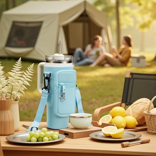 Water Bottle Carrier Bag Holder with Phone Pocket Adjustable Strap for Stanley 30 40oz, Insulated Neoprene Cover Sleeve Sling Crossbody Bag for Walking Camping Hiking Travelling - color: Lake Blue-1