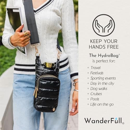 WanderFull Original HydroBag Crossbody Water Bottle Holder with Phone Pocket, Fits Water Bottles up to 32 oz - color: Black Shiny