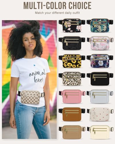 Capolo Fanny Packs for Women 4 Zip Pocket Crossbody Belt Bag Waist Bags - color: Khaki Square Grid, size: Large
