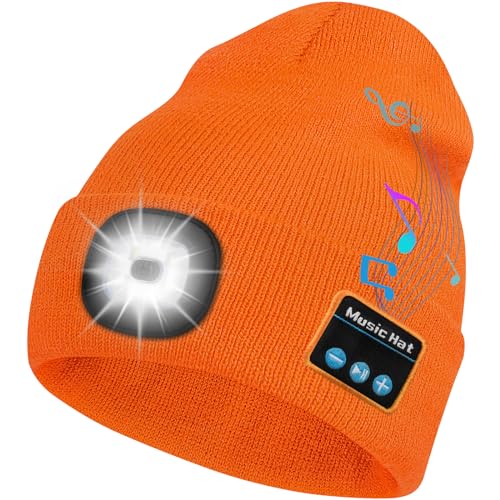 Bosttor Bluetooth Beanie Hat with Light, Headlamp Cap with Headphones and Built-in Speaker Mic, Gifts for Men Women Teen - color: Orange