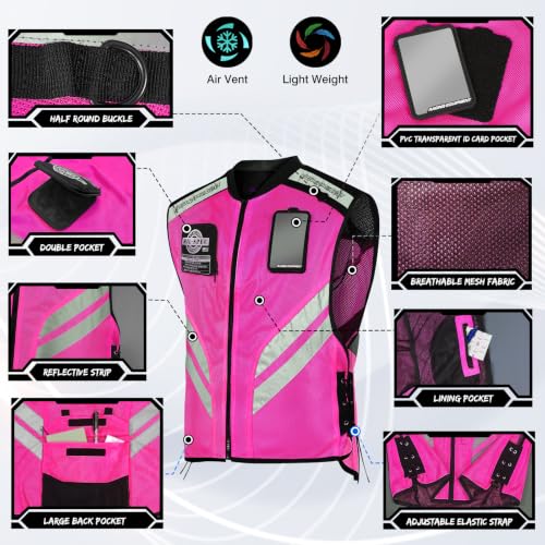 Pink Reflective Motorcycle Cycling Vest, Breathable Safety High Visibility Riding Vest For Women Adjustable Waist - size: XX-Large