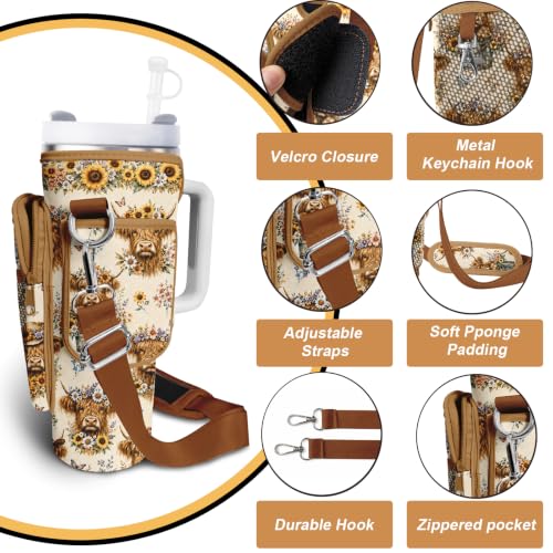 Water Bottle Carrier Bag for Stanley Cup 40/30oz, Neoprene Water Bottle Holder Pouch with 3 Pocket Adjustable Shoulder & Hand Strap - color: Floral Highland Cow