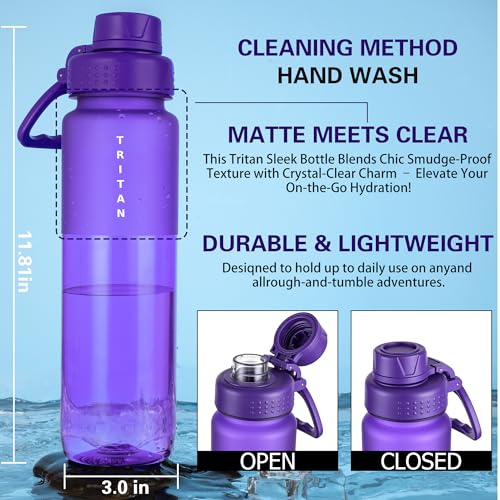 OLDLEY 32 oz Water Bottle with Handle, BPA-Free Tritan Reusable Sports Water Bottle with Leak-Proof Dust Lid, Wide Mouth, Cup Holder Friendly, Half Frosted Clear Bottle for Gym, Travel, Work,Purple - color: Purple