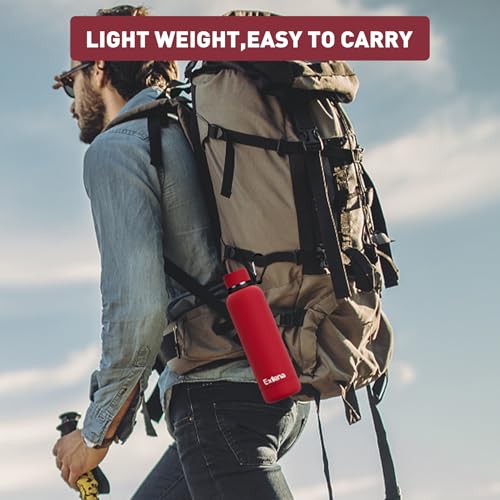 Exllena Slim Insulated Water Bottles for Travel 18oz with Clip, Double Wall Vacuum Stainless Steel Water Bottle Keeps Drinks Cold 24 Hrs/Hot 12 Hrs, 100% Leakproof, BPA Free（Red） - color: Red, size: 500 ml