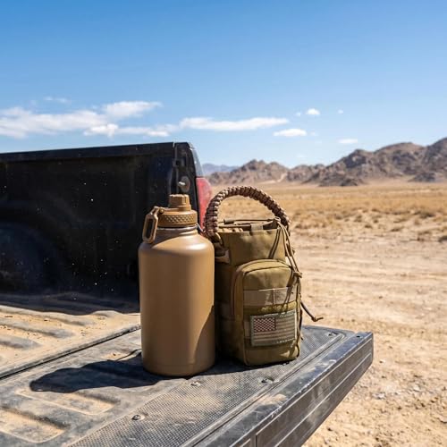 DEFUNX Half Gallon Water Bottle with Sleeve - 64 Oz Insulated Water Jug with Handle - Green Stainless Steel Sports Water Bottle for Gym Workout Hiking Tactical Bottle Holder with Pouch Khaki - color: Brown Bottle with Coyote Brown Sleeve, style: 64 Oz Wat