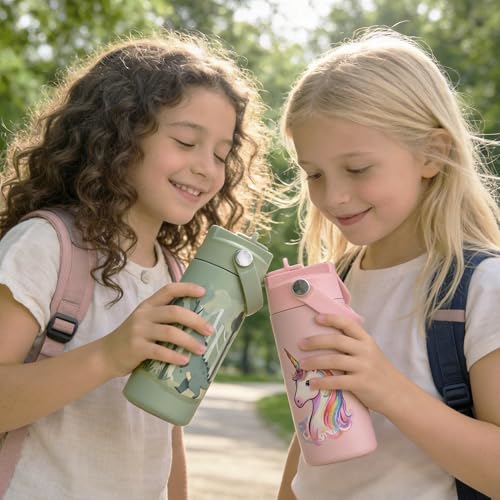 14 oz Insulated Water Bottle with Straw Lid and Handle, Stainless Steel Leak Resistant Travel Bottle for Lunch, Backpack, Camping, Green Dinosaur - color: Cute Dinosaur