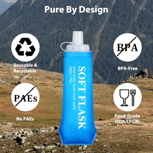Collapsible Water Bottle 2PCS, BPA-Free Reusable Soft Flask 500ml with Leakproof Cap, Foldable Water Bottle for Running, Walking, Hiking, Camping Cycling