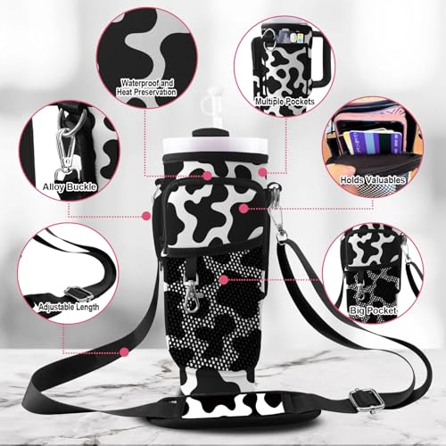Stanley Carrier Bag for Stanley 40oz/30ozTumbler with Phone with 2 Adjustable Strap,3 Pockets Bottle Stanley Cup Carrier Bag & Case,Accessories for Hiking Travelling - color: Cow Print