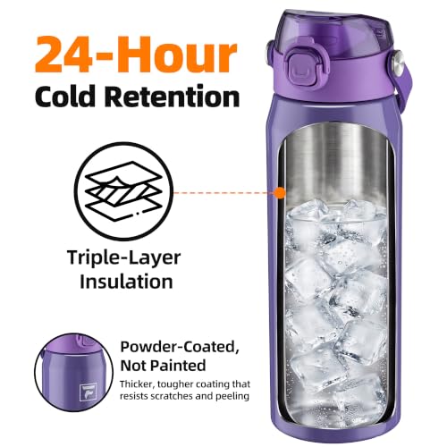 Fanhaw 24oz Stainless Steel Water Bottle with 2-in-1 Lid, Lilac - color: Lilac