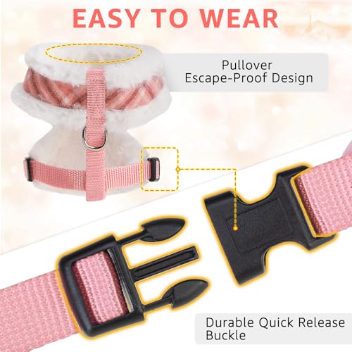 SCENEREAL Small Dog Harness and Leash Set, Fleece Pink Plaid,XS - color: Fleece-Pink Check Pattern, size: XS: Chest Girth: 10"-14"