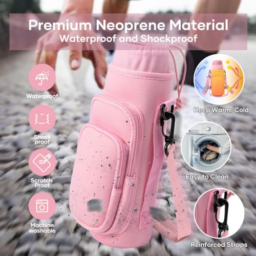 linmaya Water Bottle Carrier Bag,Water Bottle Holder with Straps Phone Pockets Fits Stanley IceFlow Owala 16/24/32/40oz Tumbler - color: Rose Pink, size: 16-40 Oz wihtout Handle