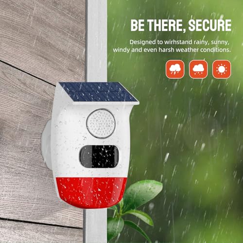 PGST Solar Strobe Alarm Light, Wireless Security Alarm with Remote Control, IP65 Waterproof Solar Powered Siren, 120dB Loud Sound for Home, Farm, Barn, Villa, Yard and Property Safety