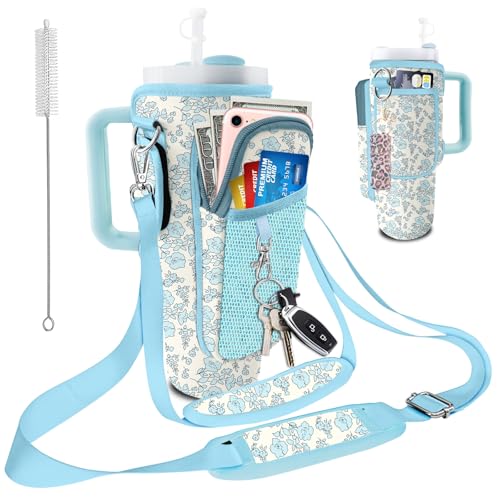 Stanley Carrier Bag for Stanley 40oz/30ozTumbler with Phone with 2 Adjustable Strap,3 Pockets Bottle Stanley Cup Carrier Bag & Case,Accessories for Hiking Travelling - color: Blue Flowers