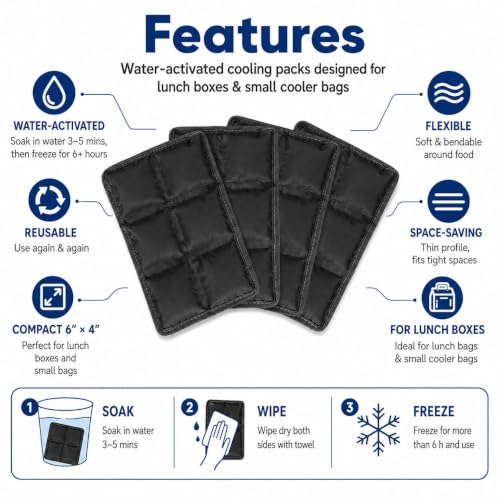 4 Pack Flexible Ice Packs for Lunch Boxes & Coolers, Lightweight - color: Black