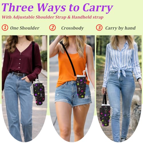 Water Bottle Carrier Bag for Stanley 40/30oz Cup Tumbler with Phone Pocket,Insulated Crossbody Water Bottle Holder with Adjustable Strap,Water Bottle Sling Pouch for Hiking Walking Camping Accessories - color: Neon Dog Paw Leopard Bone