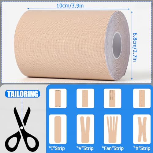 3 Rolls Wide Kinesiology Tape, Waterproof, 4" x 5.5yd, Light Beige - color: Light Beige - 4in