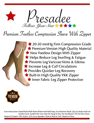 Presadee Shin Premium 20-30 mmHg Firm Compression Leg Calf Sleeve With Zipper (Beige, 5X-Large) - color: Beige, size: 5X-Large