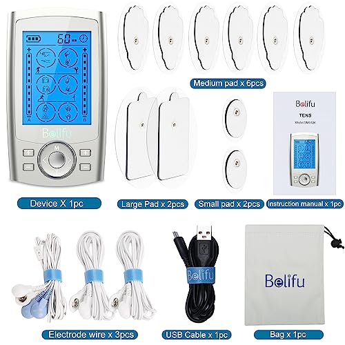 Belifu Dual Channel TENS EMS Unit 24 Modes Muscle Stimulator for Pain Relief Therapy, Electronic Pulse Massager Muscle Massager with 10 Pads, Dust-Proof Drawstring Storage Bag, Fastening Cable Ties - color: Silver