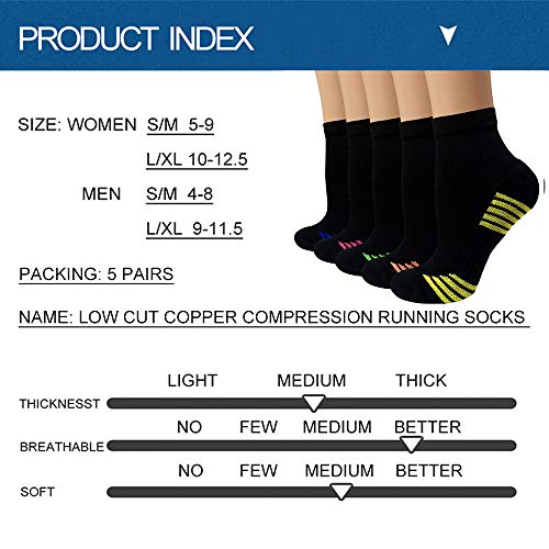 Iseasoo Ankle Compression Socks for Women Men, 5 Pairs Copper Running Socks - color: A06-5 Multicoloured, size: Large-X-Large
