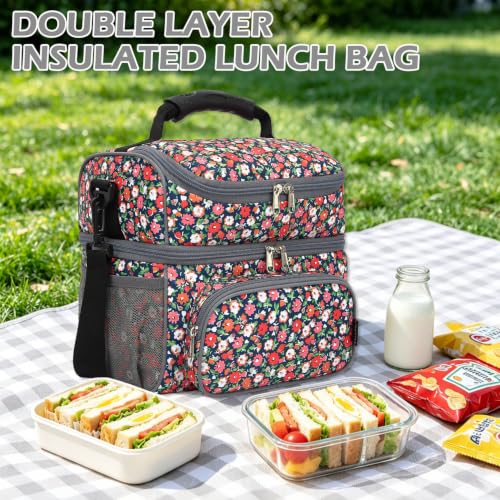 FlowFly Double Layer Cooler Insulated Lunch Bag Adult Lunch Box Large Tote Bag for Men, Women, With Adjustable Strap,Front Pocket and Dual Large Mesh Side Pockets - color: Floral