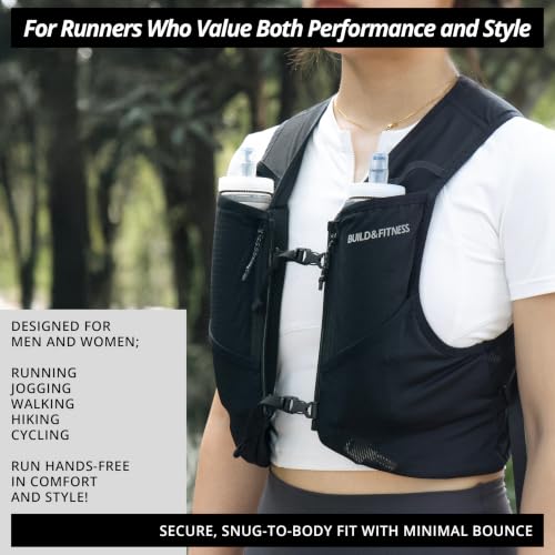 Build & Fitness LITEVEST Running Vest with 2X 500ml Soft Flasks – 7 Pockets, Lightweight, Breathable Hydration Vest – Premium, Secure, Comfort & Style for Training, Trails, Marathons & Everyday Runs - size: S / M