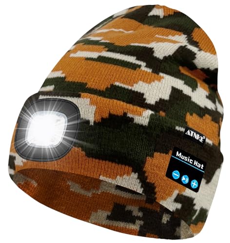 ATNKE LED Lighted Bluetooth Beanie Hat,USB Rechargeable 4 LED Wireless Music Running Headlamp Cap Gift for Men and Women - color: #Camouflage Yellow